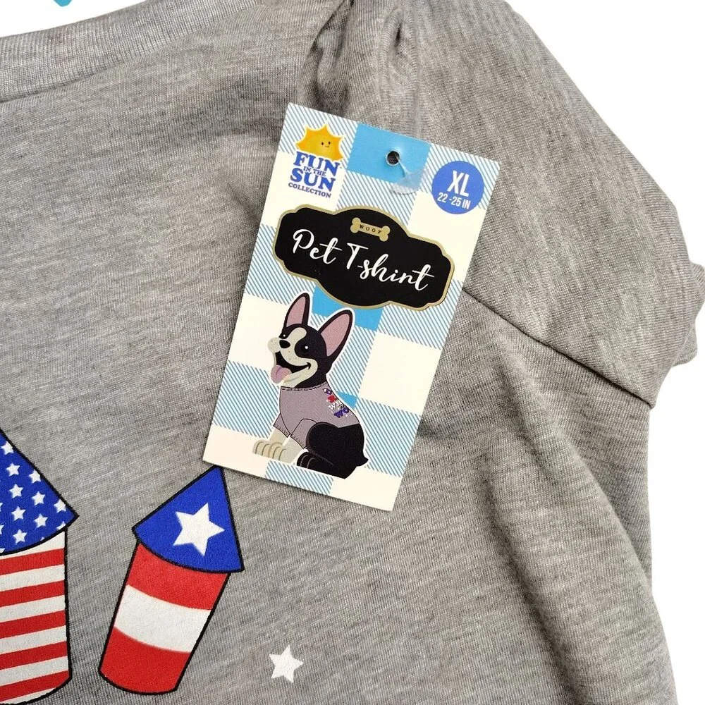 Red White And Woof Patriotic Size XL Gray With Graphic Dog T-Shirt